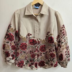 Gracia Women Sheer Boho Romantic Floral Rose Embroidered Balloon Sleeve Blouse M